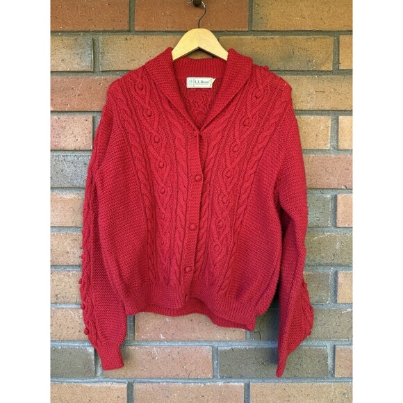 LL Bean Cable Knit Sweater Size 42 Red Vintage Wool Cardigan 80s Fisherman‎ - Picture 1 of 14